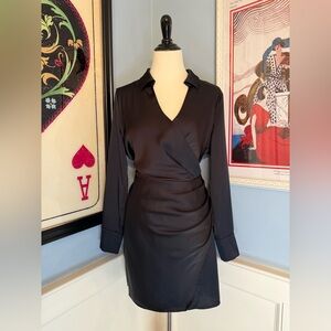 Black Satin Faux Wrap Long Sleeve Mini Shirt Dress Sz L